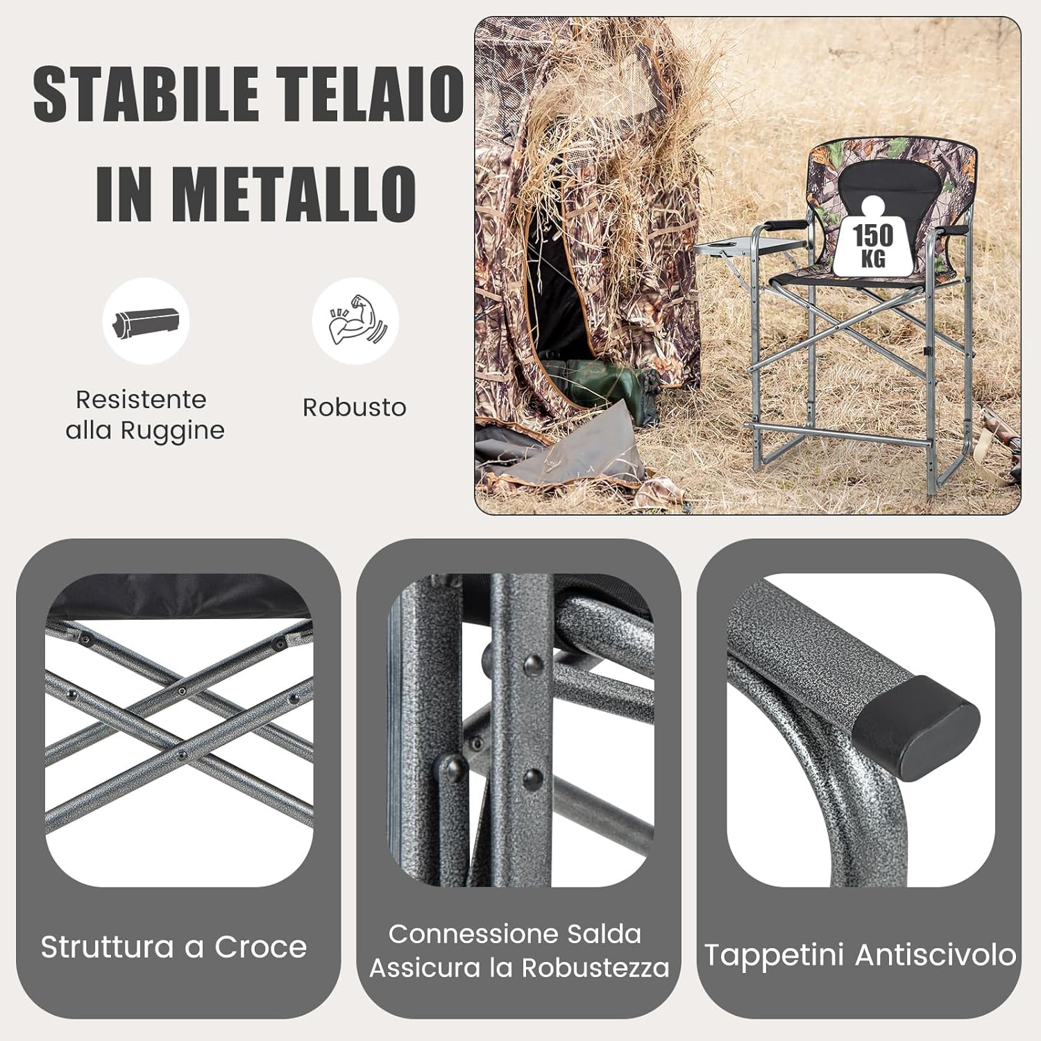 Set da Caccia Pieghevole per Esterno, Sedili da Caccia con Braccioli e Schienale, con Poggiapiedi Rimovibile, Tavolino Laterale, Supporto Fino a 150 kg