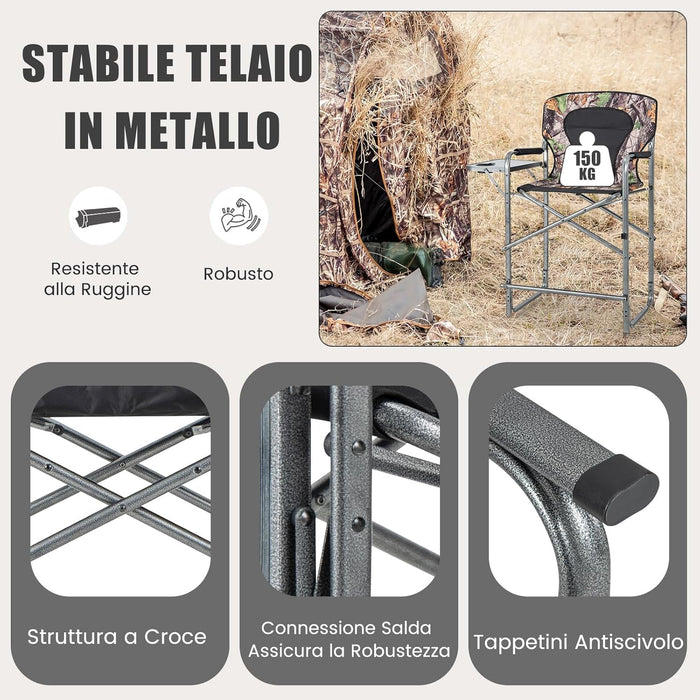 Set da Caccia Pieghevole per Esterno, Sedili da Caccia con Braccioli e Schienale, con Poggiapiedi Rimovibile, Tavolino Laterale, Supporto Fino a 150 kg