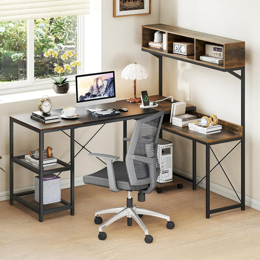 Scrivania con portaoggetti a forma di L, scrivania angolare reversibile con prese elettriche, ripiani aperti e supporto CPU mobile, per camera da letto, marrone rustico + nero