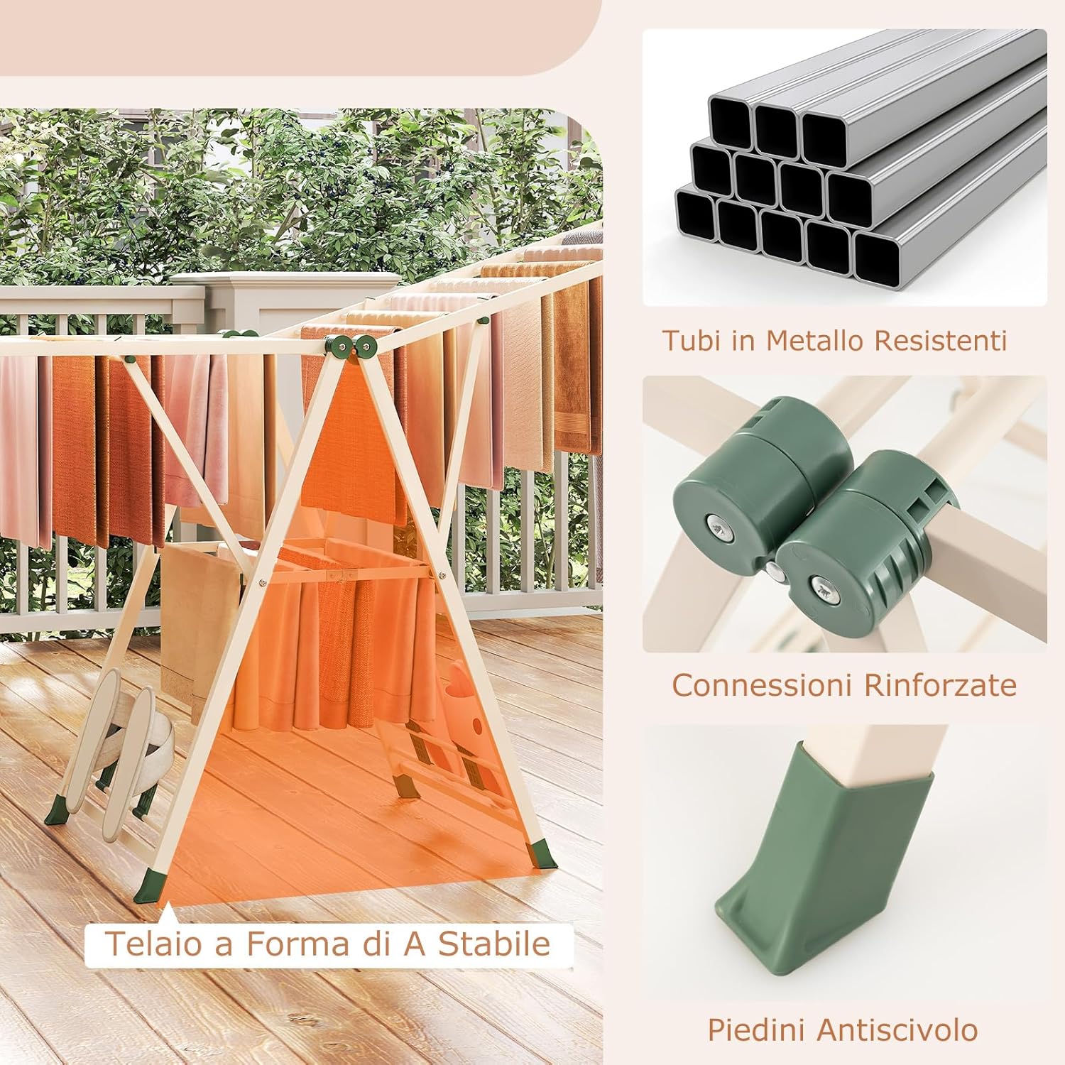 Stendibiancheria con 20 Barre, Stendino Pieghevole in Metallo Regolabili in Altezza, Clips per Calzini, Supporto per Abbigliamento Autoposante a Ali per Interno Esterno (Beige)