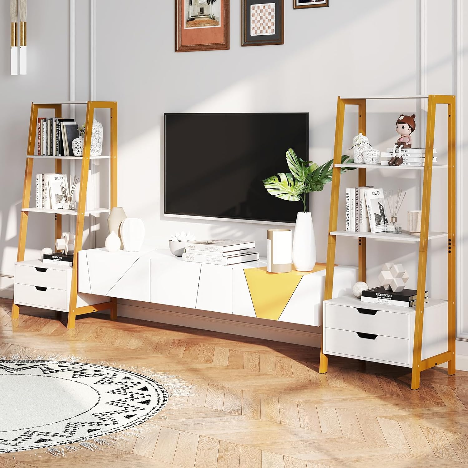 Scaffale a Scala, Libreria in Legno a 4 Ripiani con 2 Cassetti, Scaffale Salvaspazio da Terra per Camera da Letto, Studio, Ufficio e Soggiorno, 52 x 39,5 x 134 cm (Bianco)