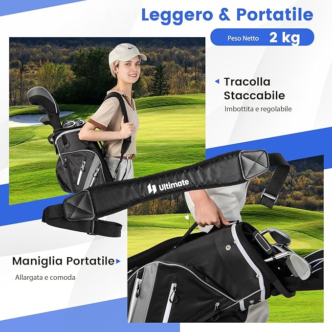 Borsa da Golf con Divisori Superiori a 14 Vie, 9 Tasche, Tasca Termica, Tasca per Scarpe, Porta Ombrello, Doppia Tracolla e Cappuccio Antipioggia, Sacca da Golf per Uomo e Donna