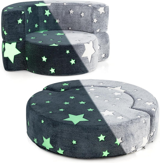 Divano Cuscino per Bambini Pieghevole 2 in 1, Poltrona Schienale Pieghevole per Bambini con Motivi Luminosi nel Buio, Divano Pieghevole per Camera da Letto e Soggiorno (Stella grigio)