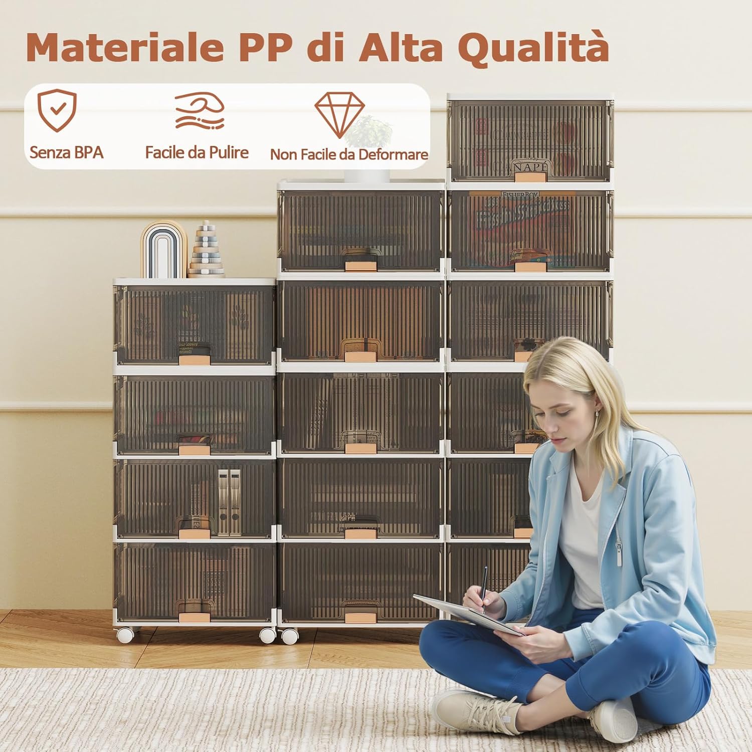 Scatole Immagazzinaggio Impilabili e Pieghevole con Ruote, Contenitore a 6 Ripiani con Coperchi, Organizzatori Trasparente, per Camera da Letto e Soggiorno, Bianco (37,5 x 27,5 x 121 cm)