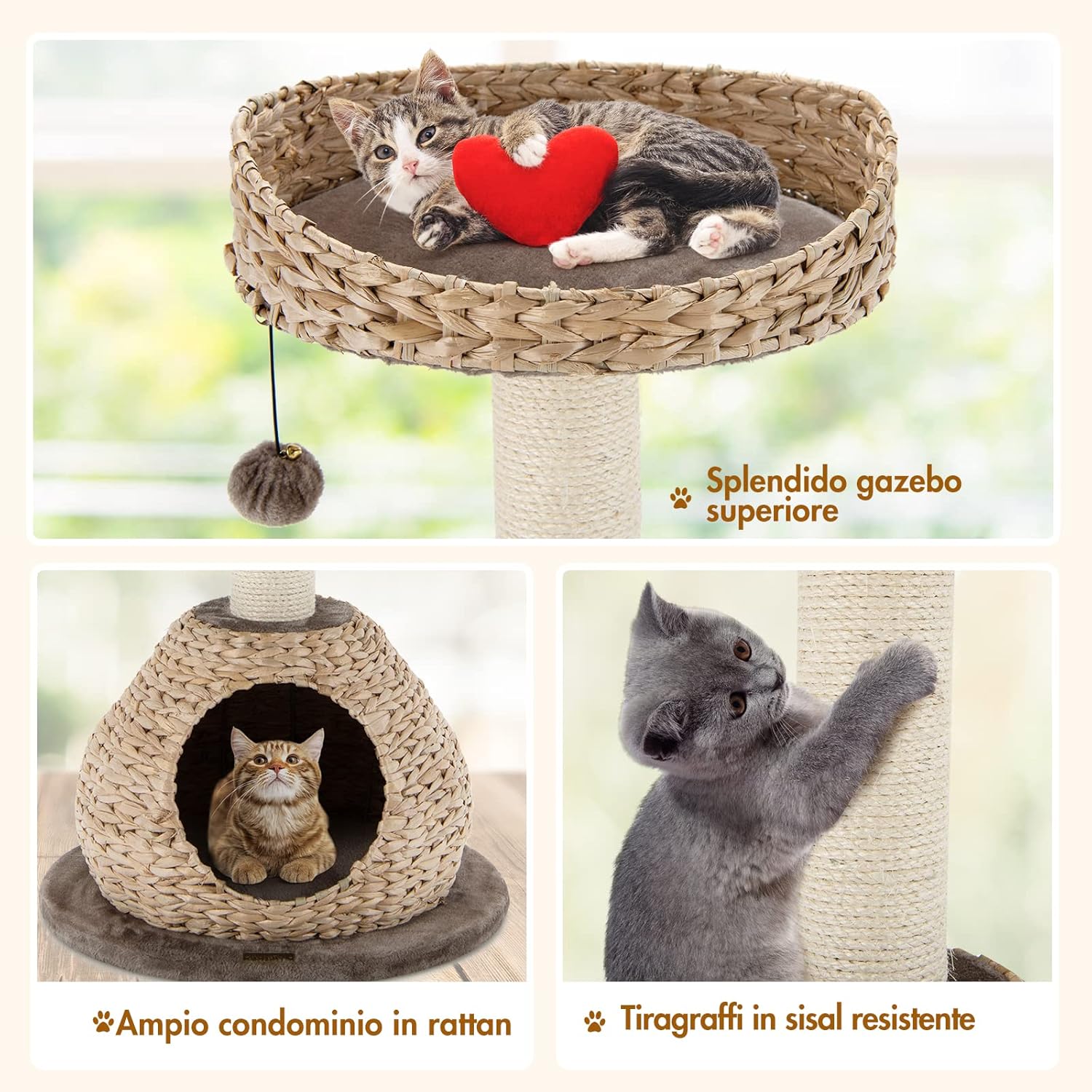 Tiragraffi per Gatti Piccoli, Tiragraffi Gatto con Cuccia, Piattaforma, Pallina e Palo Tiragraffi in Sisal Naturale, Albero Tiragraffi da Divano, Salotto e Camera da Letto, 48 x 48 x 70,5 cm