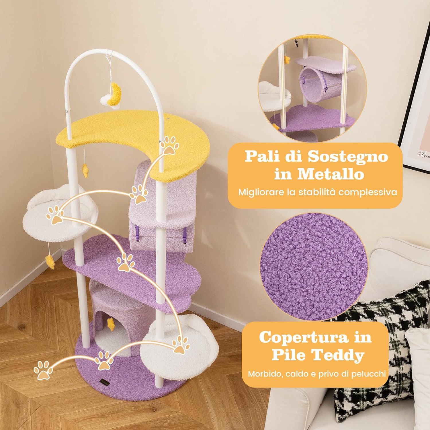 Tiragraffi per Gatti 158cm, Albero per Gatti con Multi Livelli, Struttura in Metallo, Trespolo Superiore e Piattaforme per Salti, Torre per Animali Interno, Viola, Bianco e Giallo