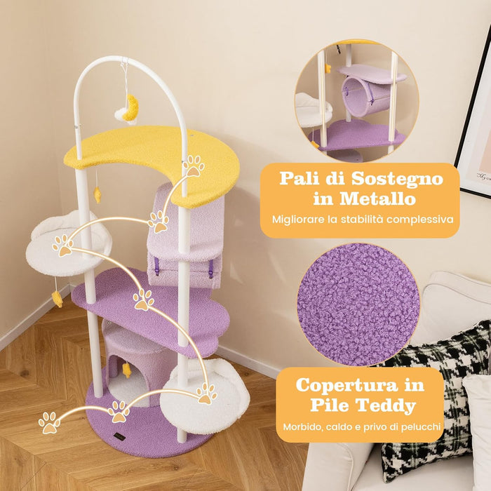 Tiragraffi per Gatti 158cm, Albero per Gatti con Multi Livelli, Struttura in Metallo, Trespolo Superiore e Piattaforme per Salti, Torre per Animali Interno, Viola, Bianco e Giallo