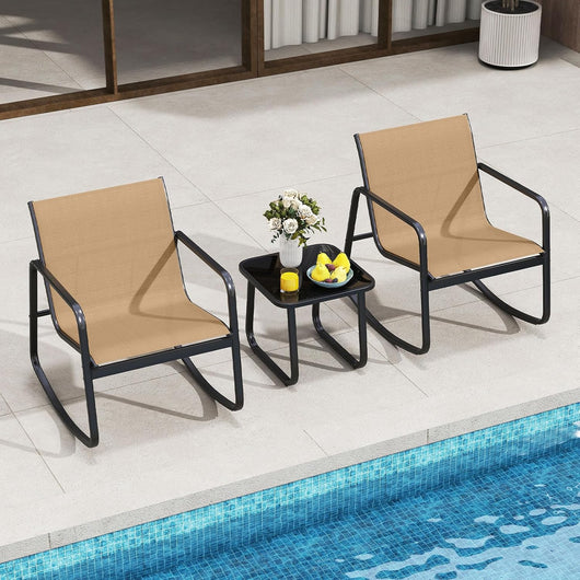 Soggiorno da giardino per 2 persone in tessuto traspirante, tavolo da giardino all'aperto con 2 sedie a dondolo, tavolino da caffè in vetro, gambe regolabili, per balcone (Marrone)