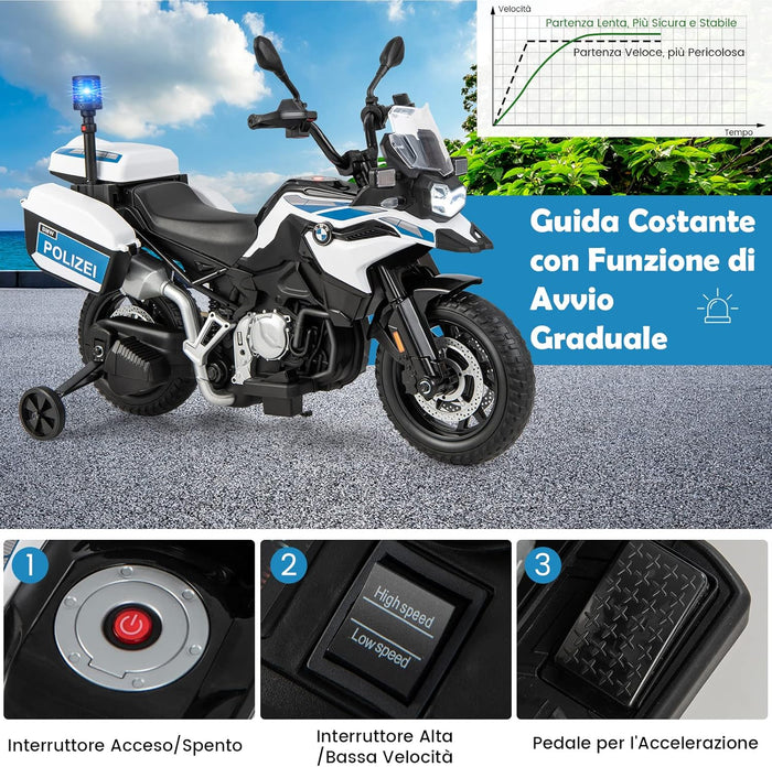 12V BMW Moto Cavalcabile per Bambini, Moto Elettrica con 2 Ruote di Formazione Rimovibili, Regalo per Bambini 3-8 Anni, 3-6 km/h