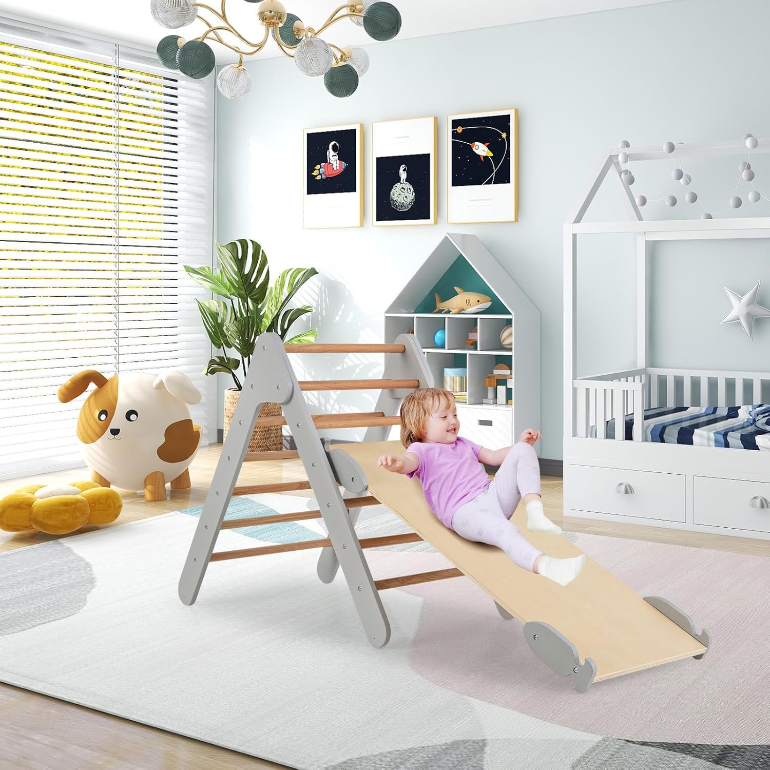 3 in 1 Arrampicata Giocattolo a Triangolo per Bambini, Set di Arrampicata con Rampa di Scivolo a 2 Lati e Inclinazione Regolabile, Arrampicatore per Bambini 1 Anno+ (Grigio)