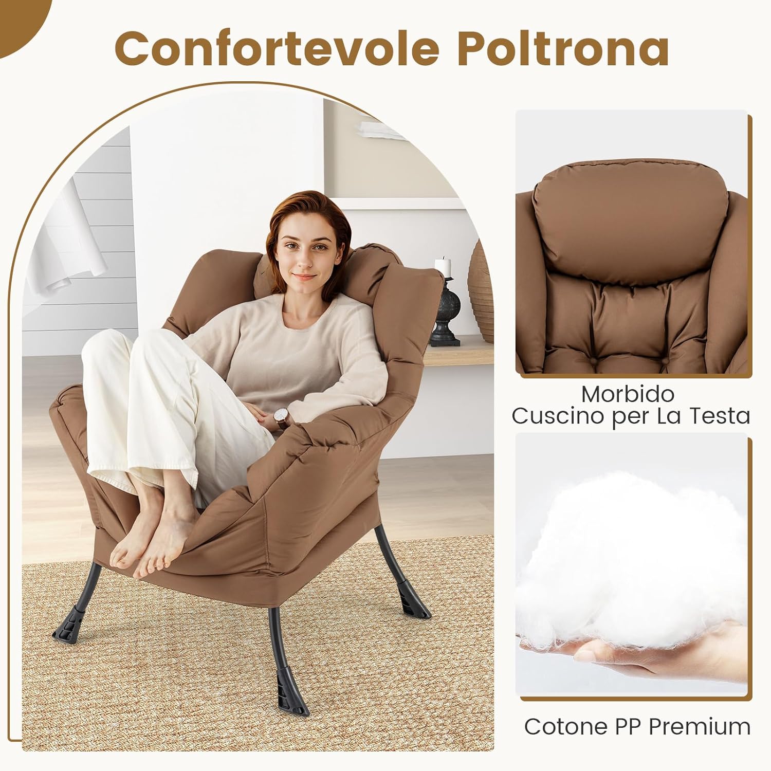 Poltrona Relax, Poltrona da Lettura con Cuscino, Elegante con Schienale e Seduta Imbottiti, Braccioli e Tasca di Stoccaggio, Portata 150 kg (Con Pouf, Marrone)