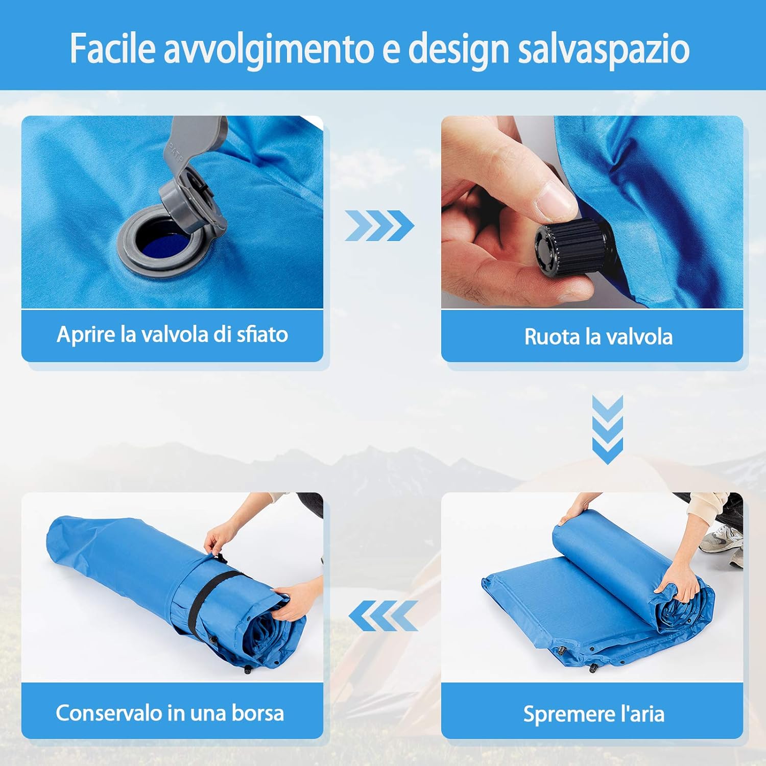 Materassino Campeggio Autogonfiabile per 2 Persone, Materassino da Campeggio Doppio con Cuscino, Veloce da Gonfiare e Sgonfiare, Impermeabile, per Spiaggia, Montagna e Campeggio (Blu)