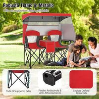 Sedia Spiaggia a Doppio, Sedia da Campeggio con Tettoia Regolabile, Poltrona Loveseat per 2 Persone, con Borsa da Trasporto, Borsa Termica, per Giardino Picnic, Portata 300 kg (Rosso)