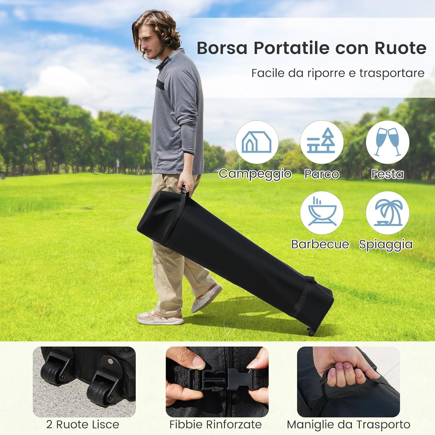 Gazebo Pop-up da Esterno 3 x 3 m, Gazebo Pieghevole con Borsa con Ruote, 8 Picchetti, 4 Ancore, 4 Corde Antivento, 4 Sacchi di Sabbia, Tendone Impermeabile per Eventi Commerciali (Grigio)