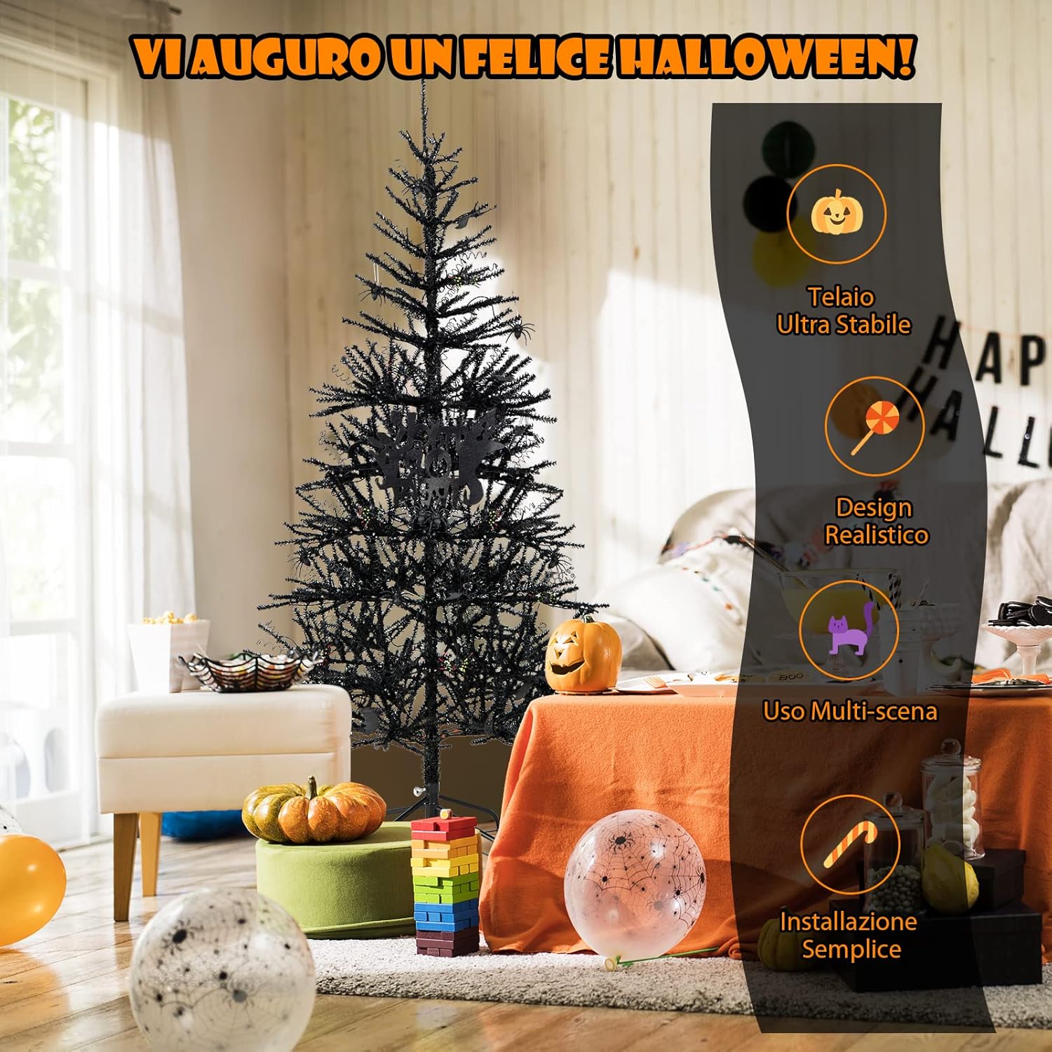 Albero di Natale Nero 183 cm, Albero di Natale Halloween con 791 Punte di Rami in PVC, 250 Luci LED e Ornamenti, Albero di Natale Artificiale con Luci per Casa, Ufficio e Scuola