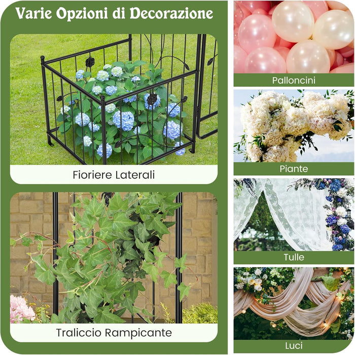 Arco da Giardino, Pergolato in Metallo con Cancello Bloccabile e Fioriere Laterali, Arco per Piante Rampicanti e Viti da Uva, Decorazione per Cerimonia Matrimoniali