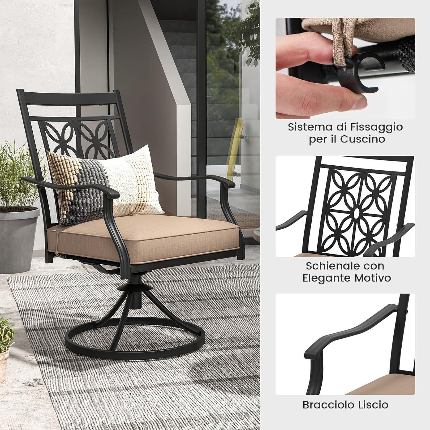 Sedie Girevoli per Giardino, Set di 2 Sedie da Esterno con Telaio in Metallo Resistente, Cuscino Morbido, Schienale a Motivo Floreale, Sedia Girevole per Giardino e Balcone