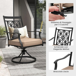 Sedie Girevoli per Giardino, Set di 2 Sedie da Esterno con Telaio in Metallo Resistente, Cuscino Morbido, Schienale a Motivo Floreale, Sedia Girevole per Giardino e Balcone