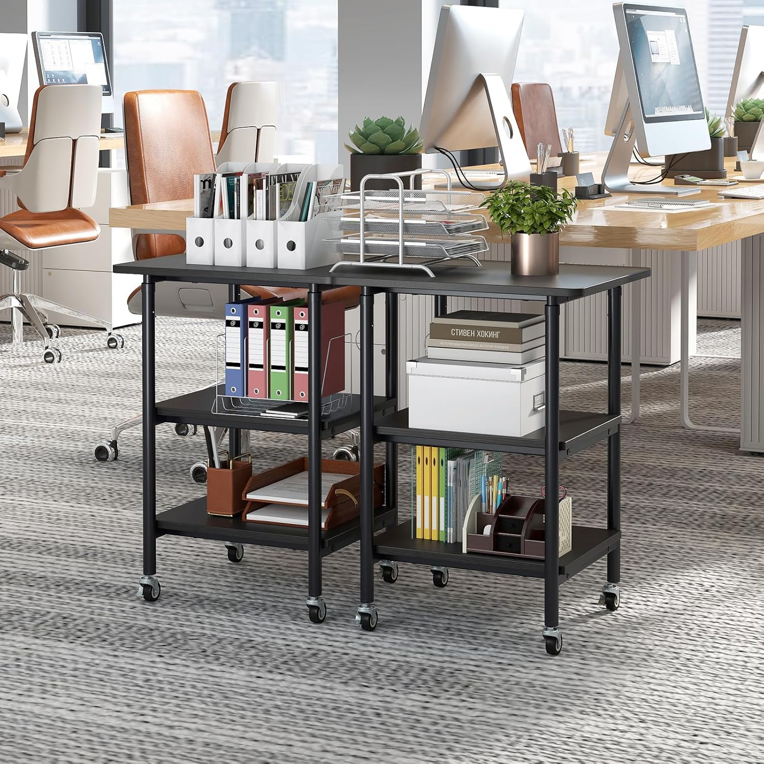 Supporto per Stampante, Carrello Stampante a 3 Livelli con Ripiani di Stoccaggio e Ruote con Blocco, Altezza Regolabile, per Stampante 3D Scanner Fax, 49 x 40 x 65/77 cm (Nero)