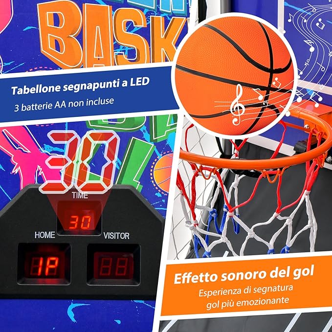 Macchina da Pallacanestro Elettronica, Canestro Basket da Camera a Doppio Tiro Pieghevole con Punteggio Elettronico, 4 Palle, 8 Modalità di Gioco e 2 Canestri (Blu)