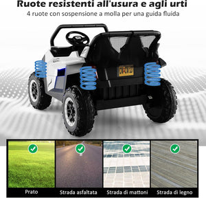 12V Auto Elettrico per Bambini, Macchina Fuoristrada a 2 Posti, Macchina Elettrica con Luci Suoni, Regalo per Bambini 3-8 Anni, 118x74x71 cm (Bianco)