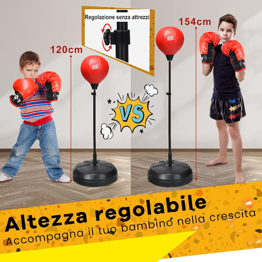 Punching Ball da Terra Altezza Regolabile 120-154 cm, Sacco di Pugilato con Guanti Inclusi, Palla di Boxe con Base per Adulti e Bambini