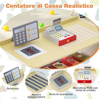 Negozio Alimentare per Bambini, Set di Giocattoli Supermercato in Legno con Cassa, Macchina POS, Distributore Automatico, Lavagna Scrivibile, per Bambini 3 - 8 Anni (Bianco)