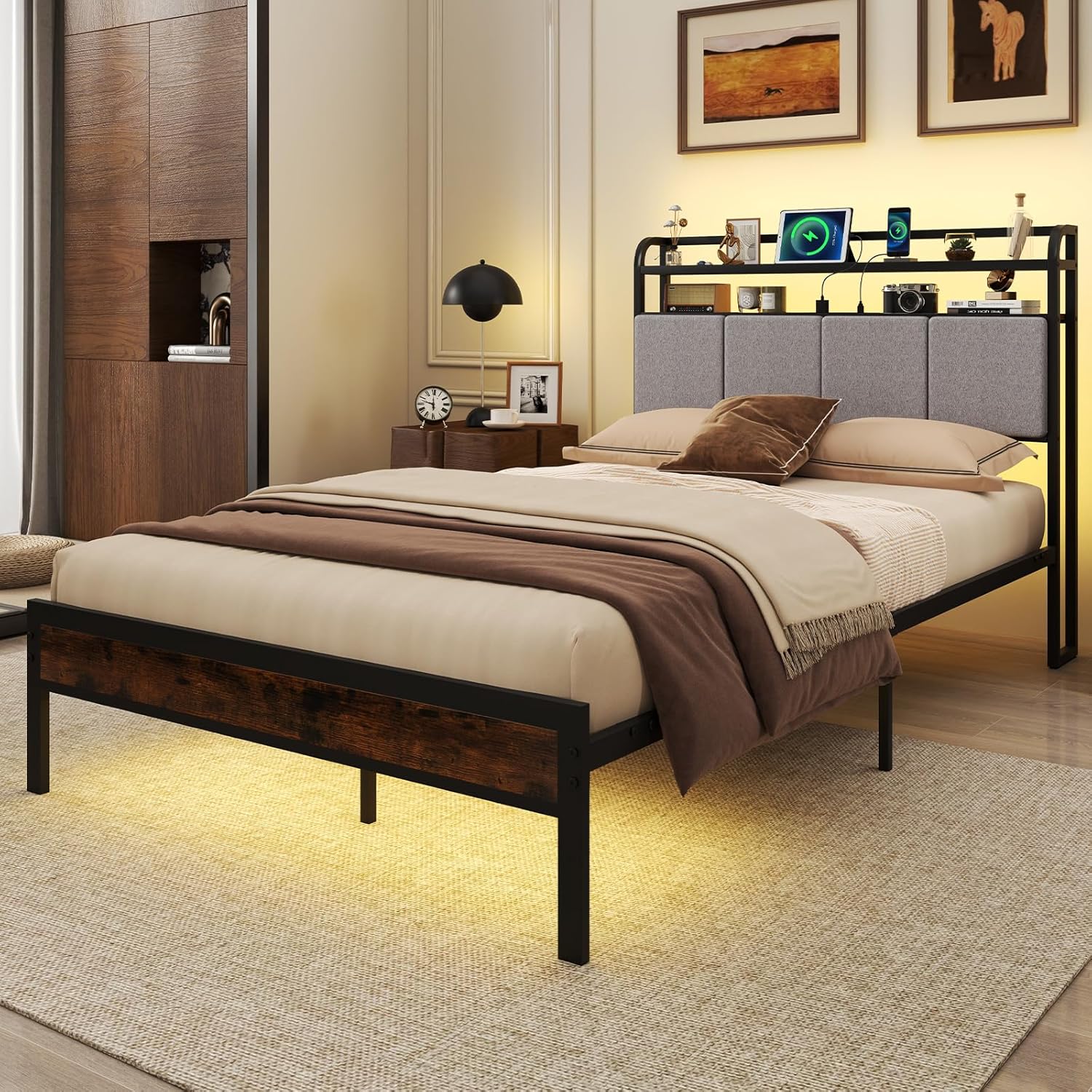 Letto Matrimoniale 220 x 140 cm con Luci LED a Telecomando, Struttura Letto con Stazione d Ricarica, Telaio Letto con Testiera Rivestita in Lino, Capacit¨¤ di 500 kg, Marrone Rustico