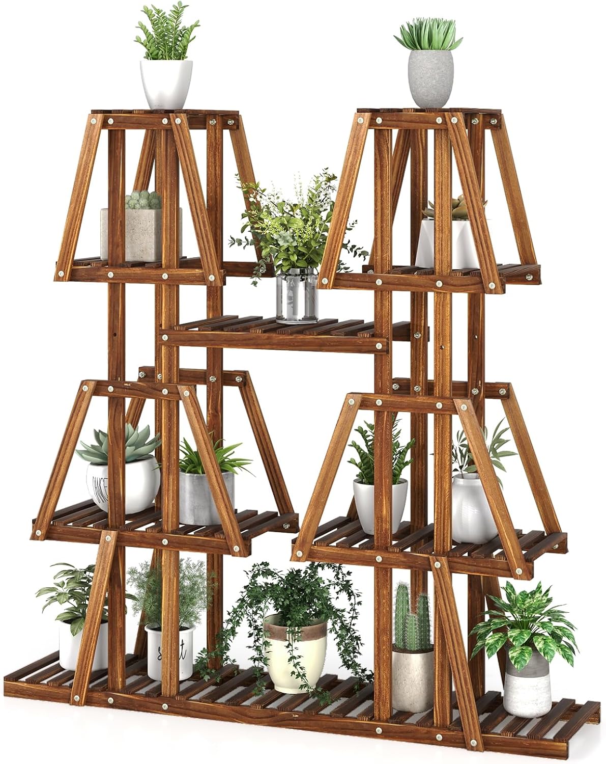 Scaffale per Piante in Legno, Porta Piante a 5 Ripiani con 10 Mensole per Piante in Vaso, Espositore per Piante da Interno ed Esterno per Soggiorno, Balcone, Patio e Portico