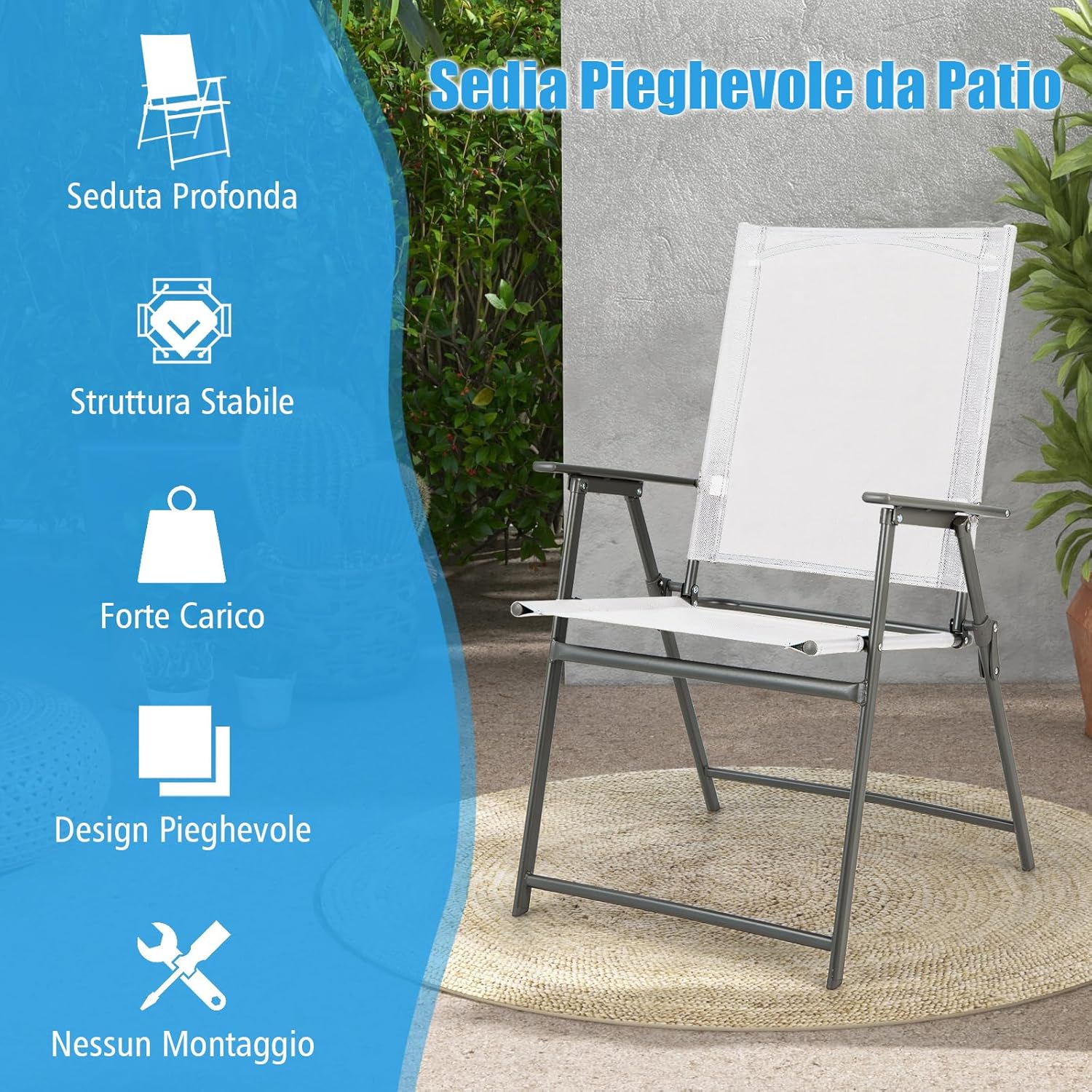 Set di 2/4 Sedie Pieghevoli da Giardino in Textilene, Sedie da Esterno con Schienale Alto, Poltrona Portatile per Giardino Campeggio Patio, Portata 150 kg (4, Bianco, 62 x 58 x 96 cm)