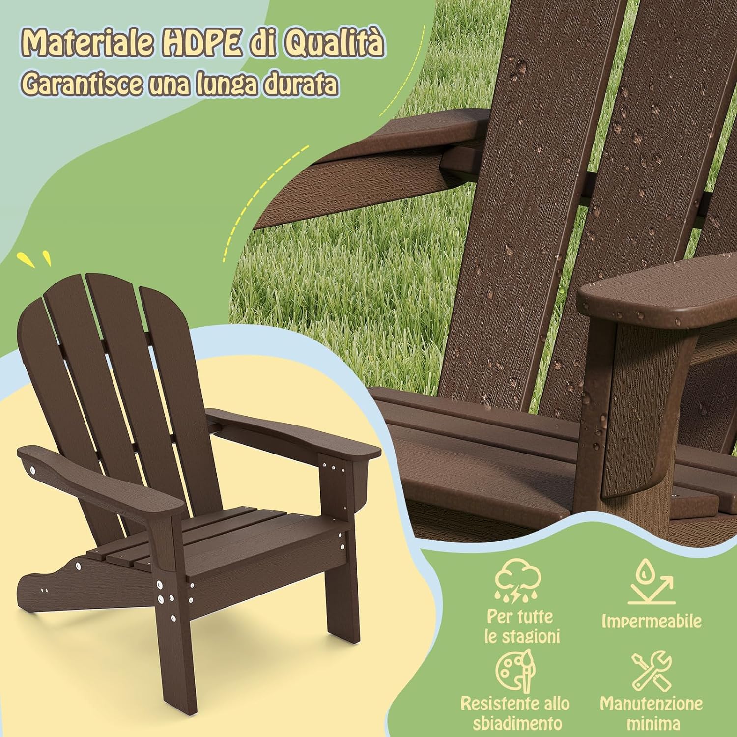 Sedia Adirondack per Bambini da Giardino, Sedie Ergonomica in HDPE con Schienale Inclinato e Braccioli, Poltrona per Interno ed Esterno, per Bambini 3 a 8 Anni, 52 x 53,5 x 64 cm (Marrone)