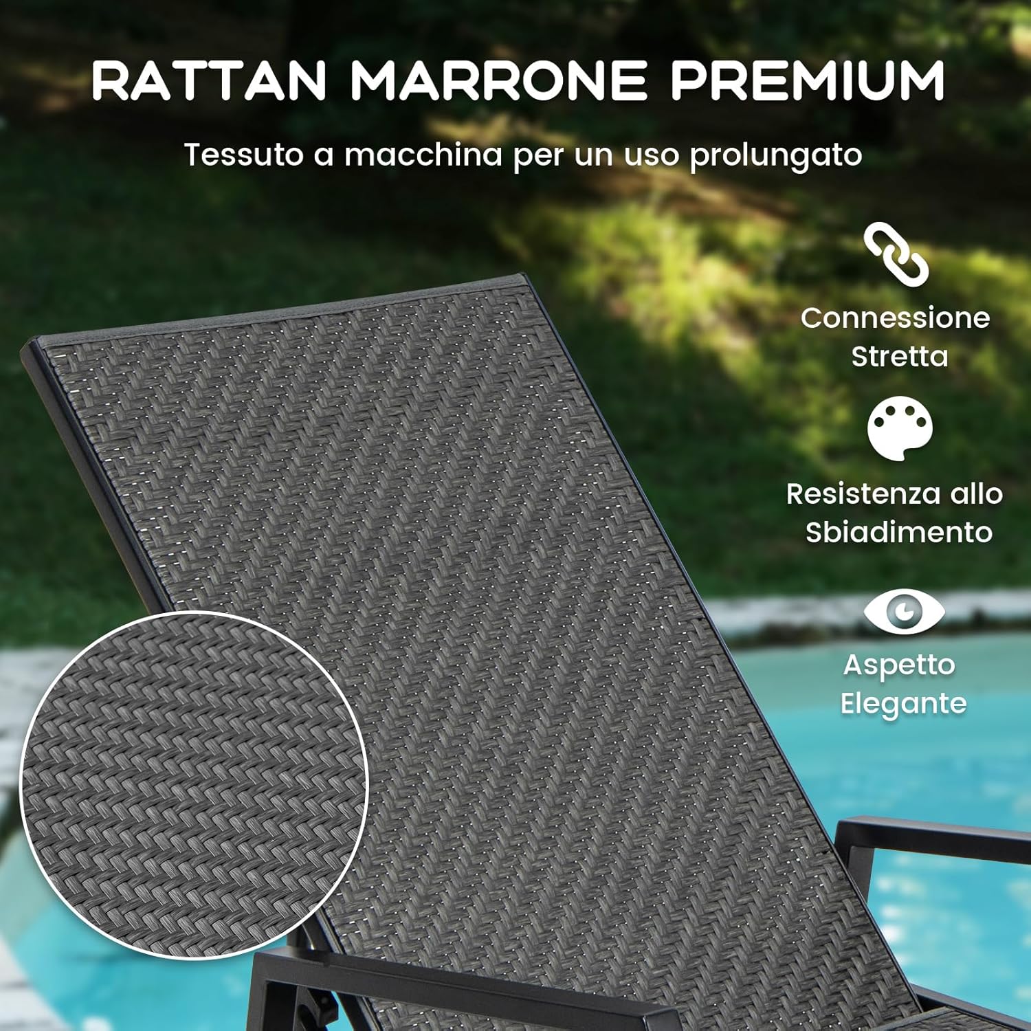 Lettino Prendisole in Rattan per Esterni, Sedia a Sdraio con Braccioli e Schienale Regolabile a 5 Posizioni, Telaio Metallico Robusto, Portico, Cortile, Giardino, Portata 150 kg