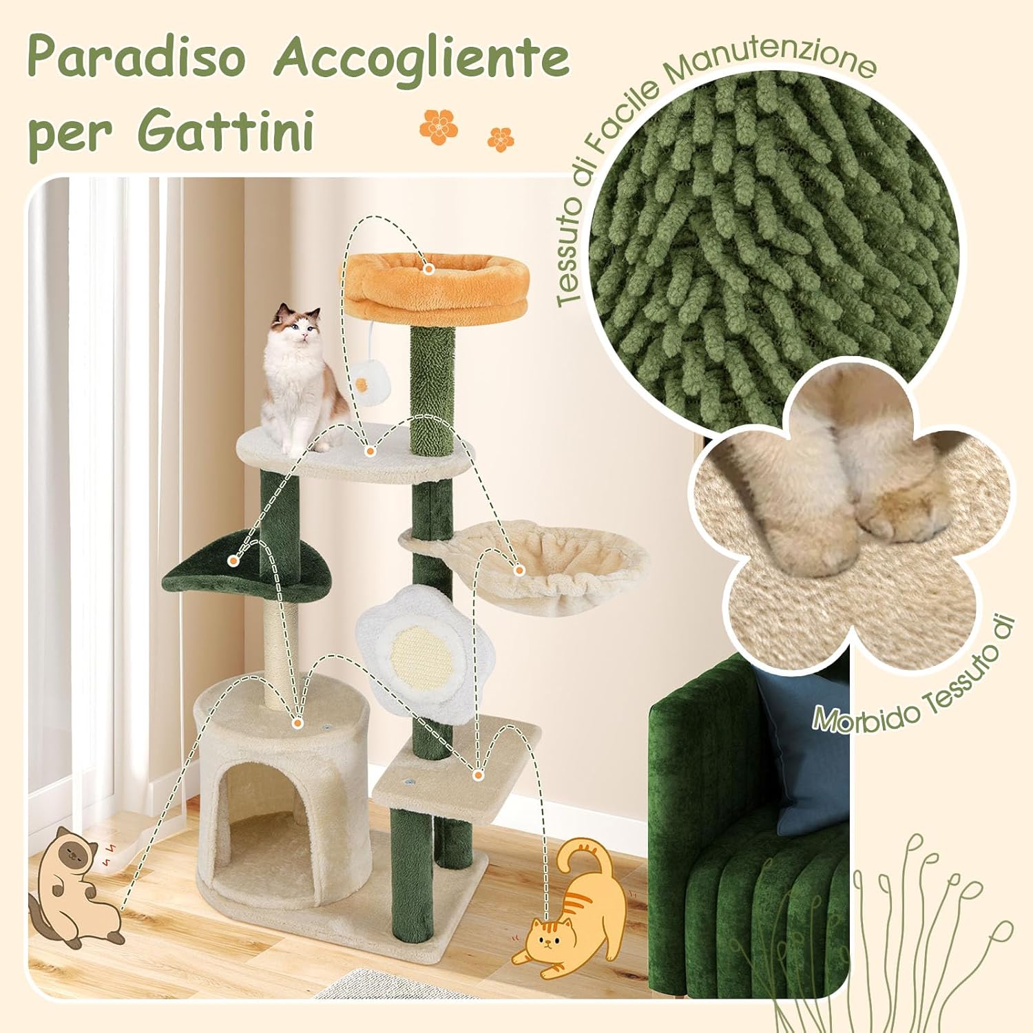 Tiragraffi per Gatto Alto 114 cm Forma di Fiore, Albero Tiragraffi Gatto con Amaca, Grotta e Palla Pompon, Torre Tiragraffi per Gatti con Pali e Tavola in Sisal, Verde e Beige