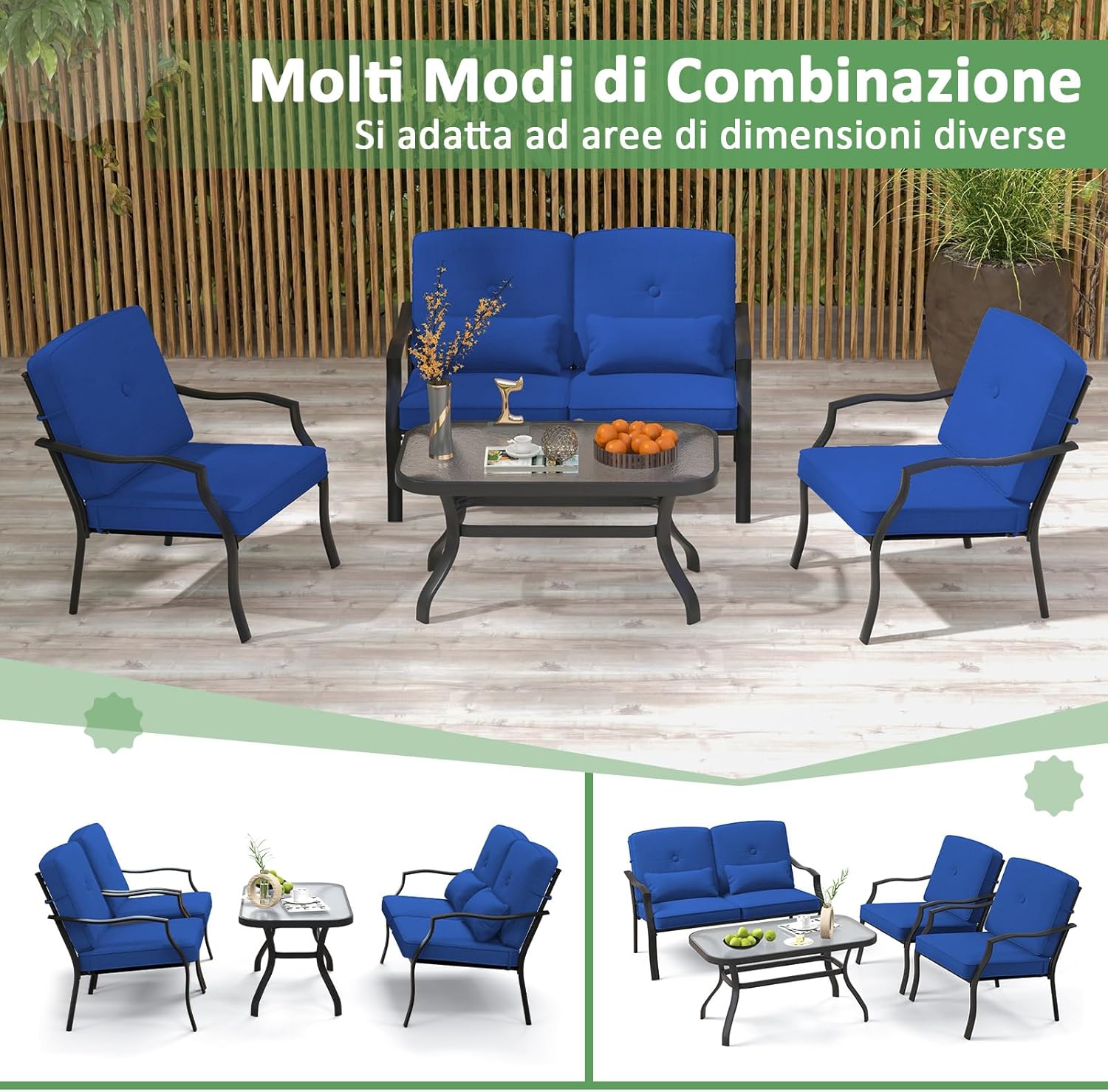 4 Pezzi Set di Mobili da Giardino, con Cuscini e Tavolino in Vetro Temperato, Struttura in MetalloSet di Divani da Esterno per Giardino Cortile e Piscina (Blu)