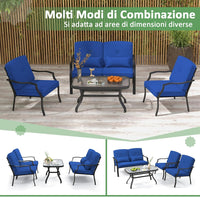 4 Pezzi Set di Mobili da Giardino, con Cuscini e Tavolino in Vetro Temperato, Struttura in MetalloSet di Divani da Esterno per Giardino Cortile e Piscina (Blu)