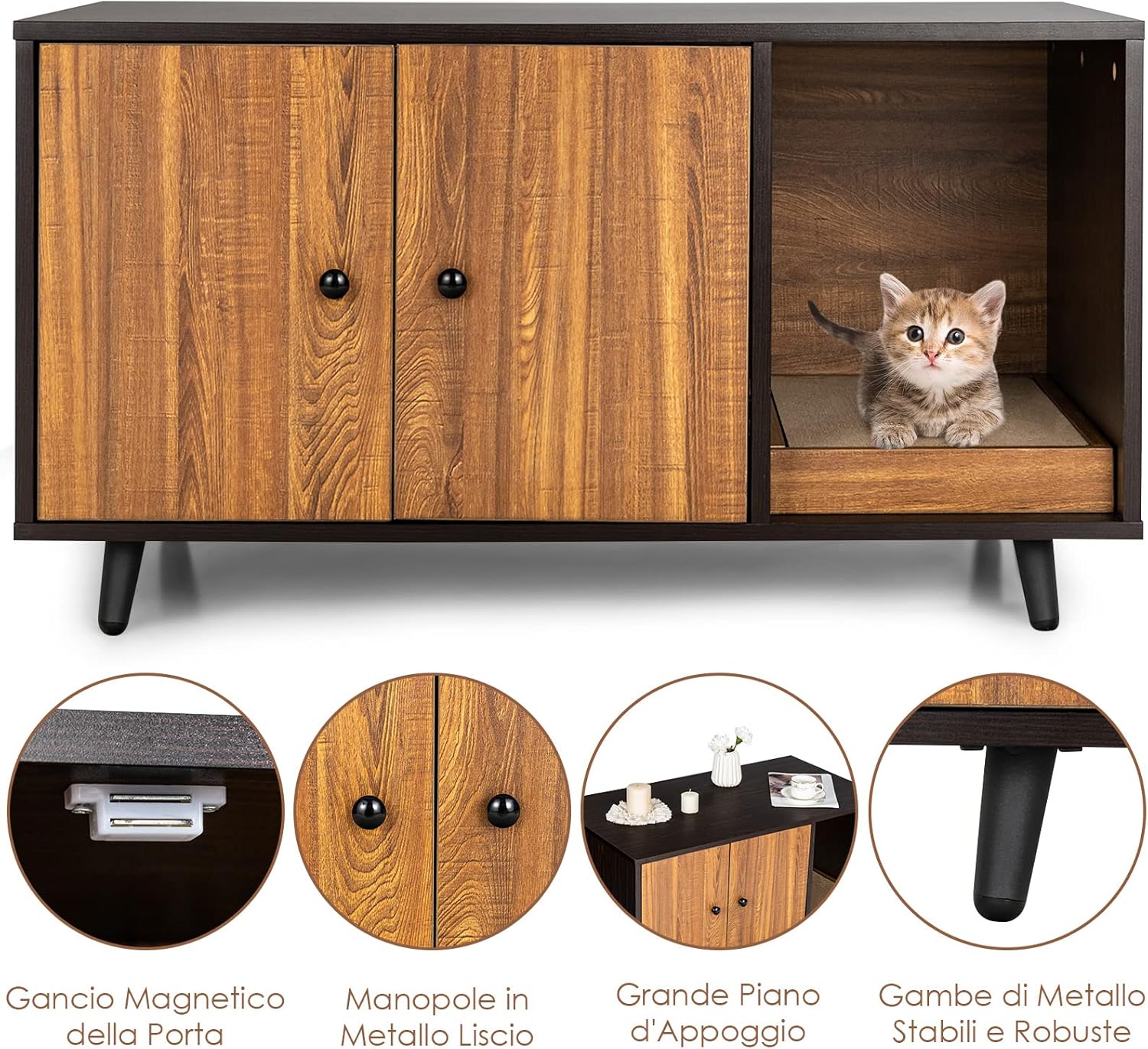 Mobile per Lettiera per Gatti 90 x 50 x 50 cm, Cassetta Igienica per Gatti con Doppia Anta, Divisore, Ingresso Avvolgibile, Tiragraffi e Gambe di Metallo Solido (Marrone)
