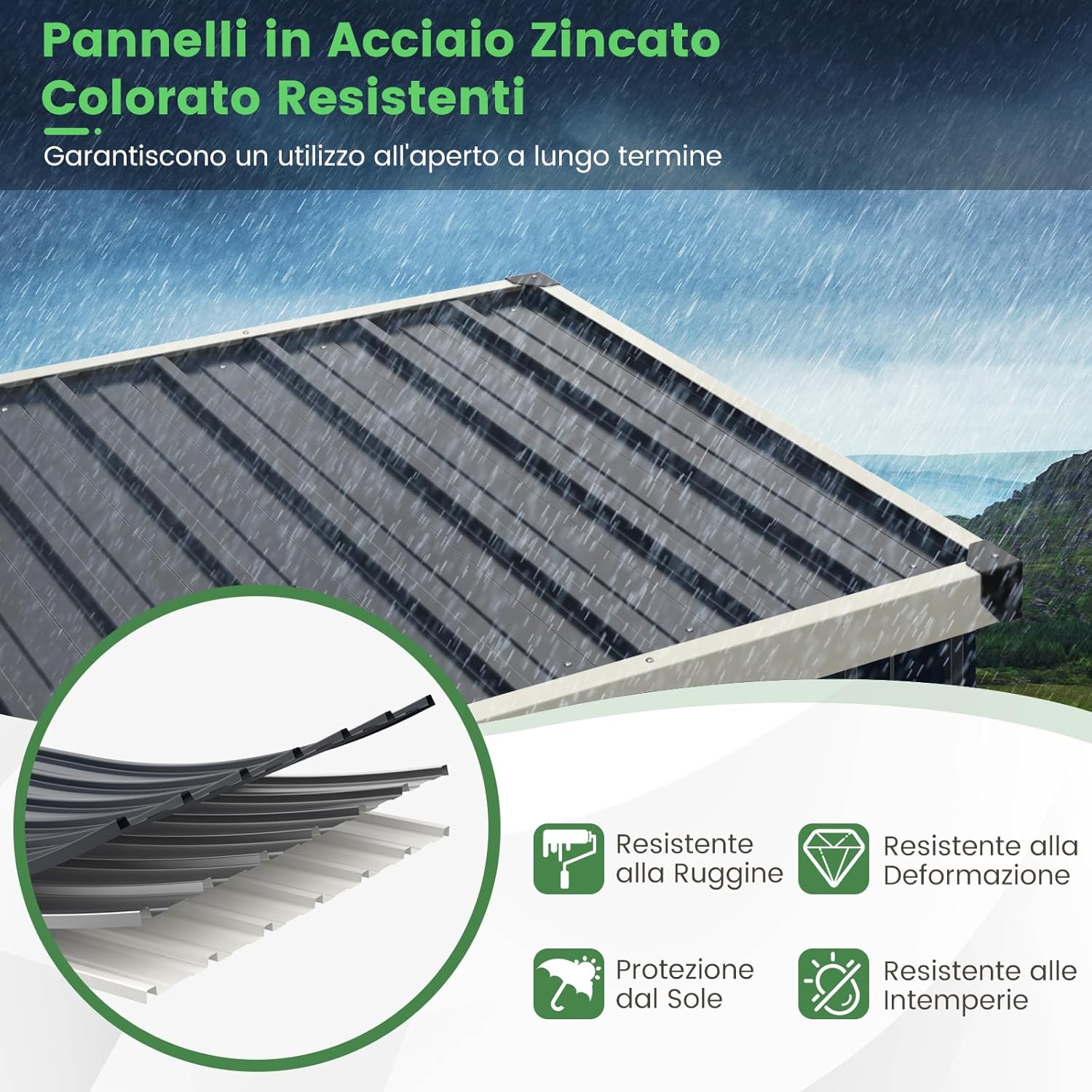 Casetta da Giardino 1 m², Capanno Attrezzi in Metallo Zincato con Porta Bloccabile e Tetto Inclinato, Struttura a Scatto Pratica, Armadio da Esterno con Kit di Viti di Espansione e Tappo