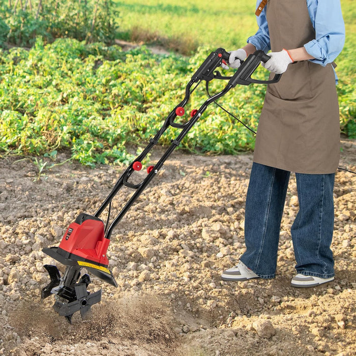 Motozappa Elettrica a Filo, Zappatrice da Giardino con Manico Ergonomico e Motore Forte, Motocoltivatore Pieghevole per Scavare Terreno del Prato (32,5 x 24 x 138 cm,Rosso)