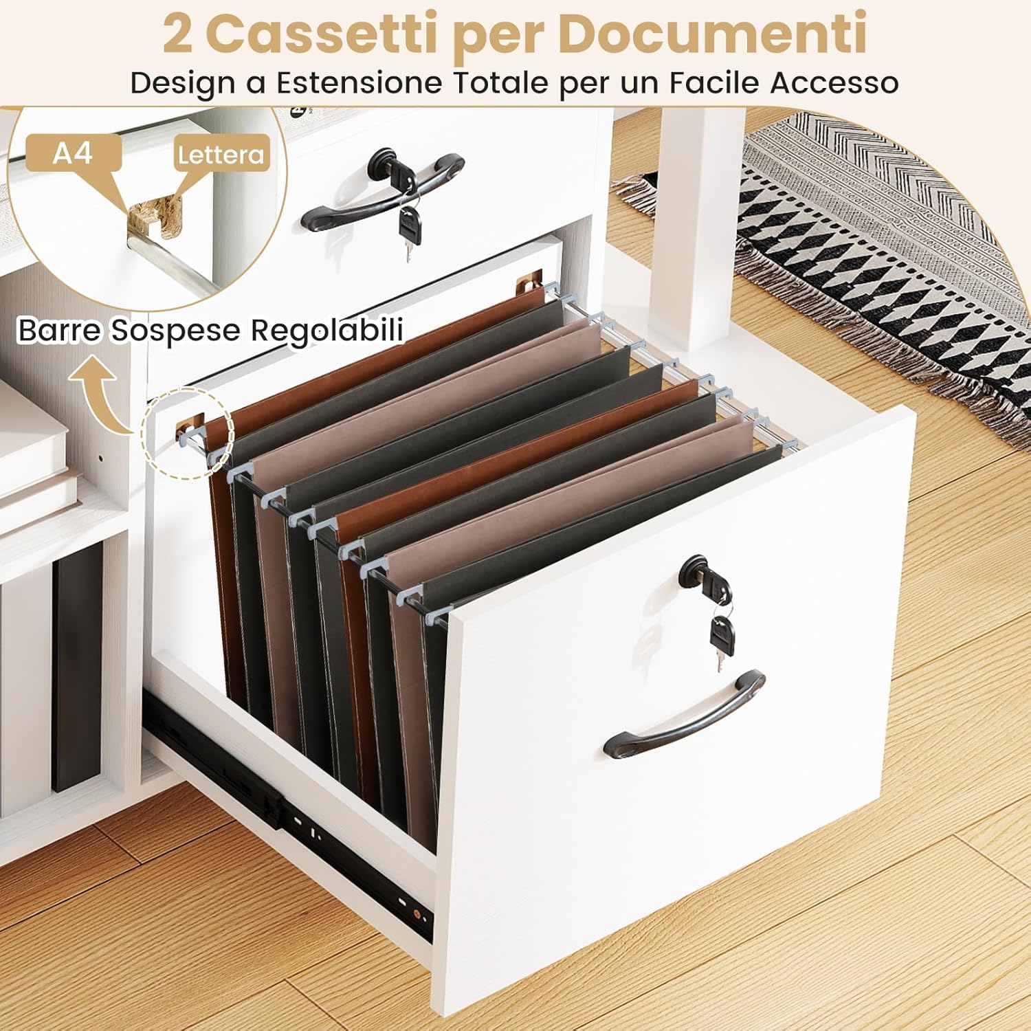 Armadietto Portadocumenti, Mobile da Ufficio Laterale con 4 Cassetti Adatto per File Formato A4/Lettera e 5 Ruote Universali Bloccabili, Credenza in Metallo per Scrivania (Bianco)