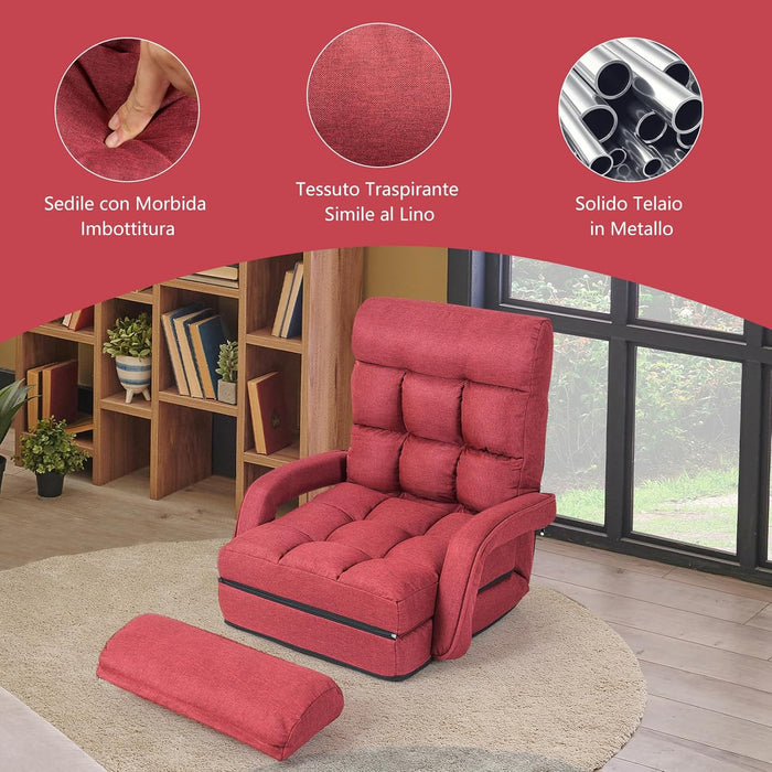 Poltrona Divano con 5 Livelli Regolabili, Sedia da Terra con Braccioli e Cuscino, Struttura in Acciaio, Multifunzione e Pieghevole per Soggiorno Camera da Letto, 55x66x71 cm (Rosso)