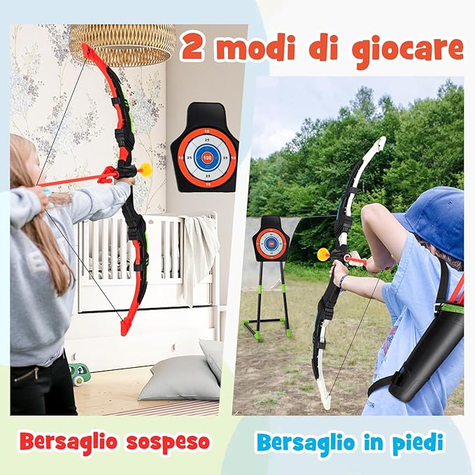 Set di 2 Archi e Frecce per Bambini, Giocattoli con Arco e Frecce LED con 20 Frecce a Ventosa, Fasce per Interni ed Esterni, per Ragazzi 3 anni +