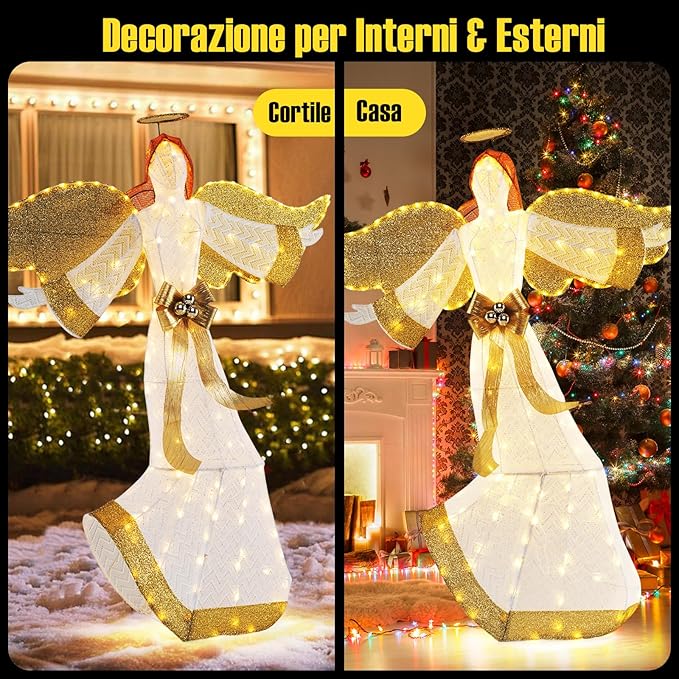 Angelo Natalizio Illuminato da Esterno 160 cm, Decorazione Natalizia con 180 Luci Bianche Calde, 4 Picchetti, per Giardino, Cortile e Prato