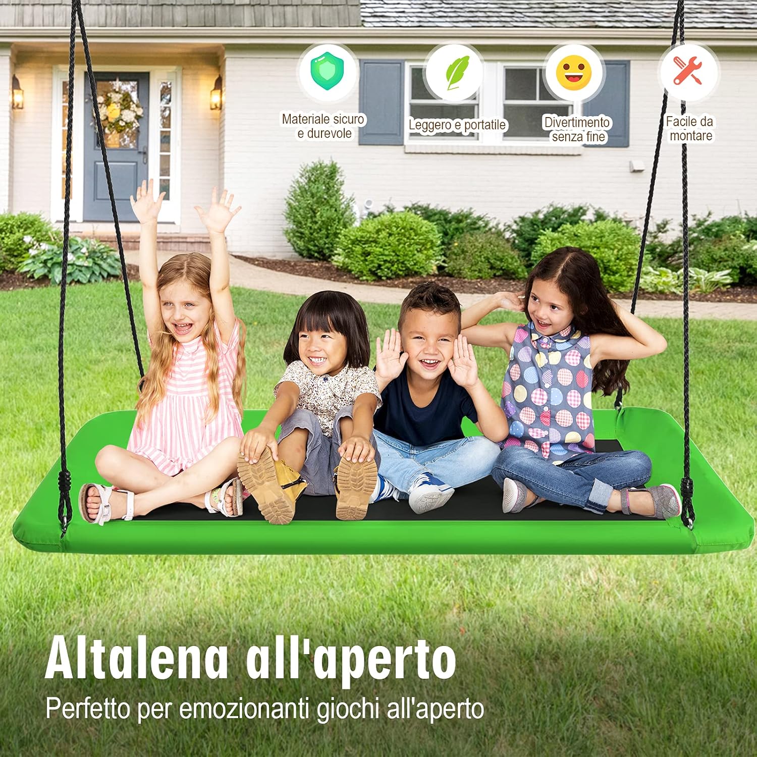 Altalena da Giardino per Bambini, Altalena 150cm con Struttura in Acciaio, Con Corde Regolabili, Adatta per Portico Cortile Giardino (Verde)
