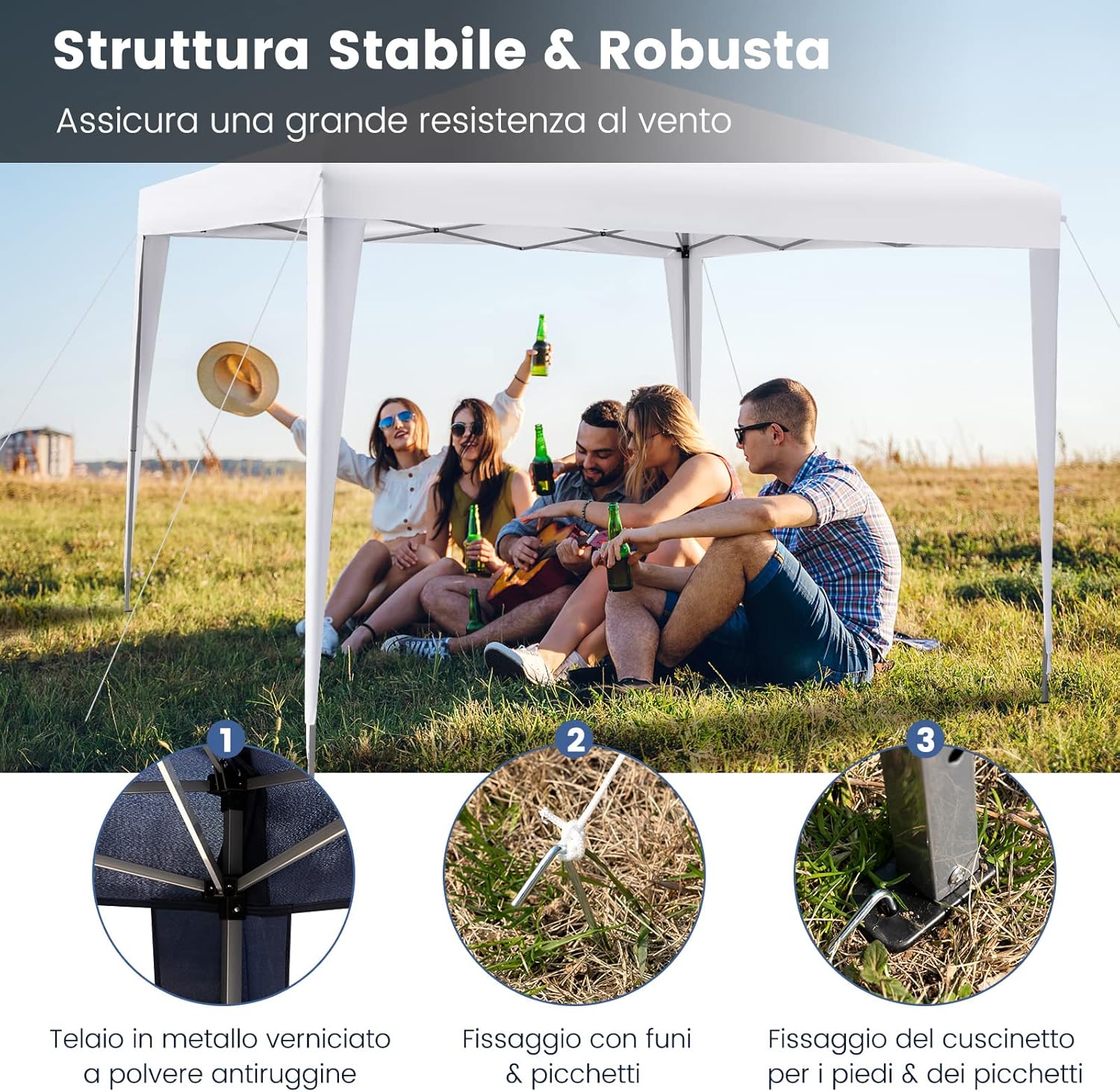 Gazebo Pieghevole da Giardino 295 x 295 cm, Gazebo Pop Up Impermeabile e Potezione Solare, Regolabile in Altezza, con Borsa da Trasporto, per Feste, Barbecue, Giardino e Spiaggia (Bianco)
