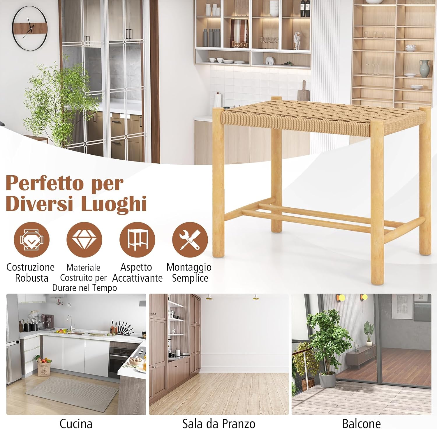 Set di 2 Sgabelli Intrecciata in Carta, Sgaballi Bassi da Soggiorno,Sgaballi Poggipiedi in Legno, Fino a 150 kg, 56 x 36 x 45 cm