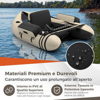 Belly Boat da Pesca Portatile, Gommone Gonfiabile da Pesca con Porta Canne Regolabile, Pompa, Pagaia in Alluminio, Spallacci e Kit di Riparazione, Barca da Mare con 2 Pinne, capacità 160kg