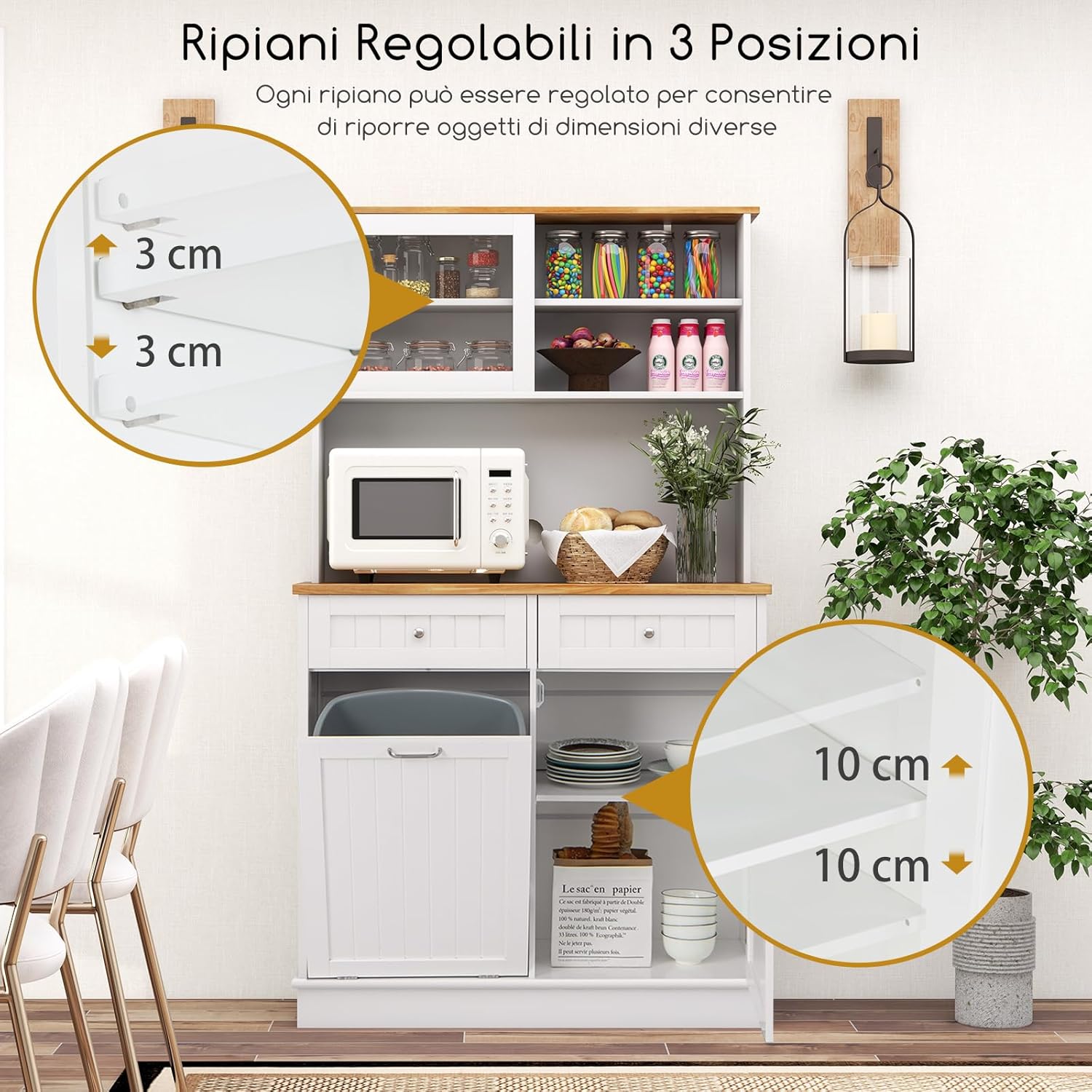 Credenza Alta per Cucina Porta Bidone della Spazzaturi, Mobile Cucina Dispensa con 2 Cassetti, Ante e 2 Ripiani Regolabili, Armadio Cucina in Legno di Gomma, 100 x 34 x 172 cm, Bianco