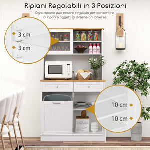 Credenza Alta per Cucina Porta Bidone della Spazzaturi, Mobile Cucina Dispensa con 2 Cassetti, Ante e 2 Ripiani Regolabili, Armadio Cucina in Legno di Gomma, 100 x 34 x 172 cm, Bianco