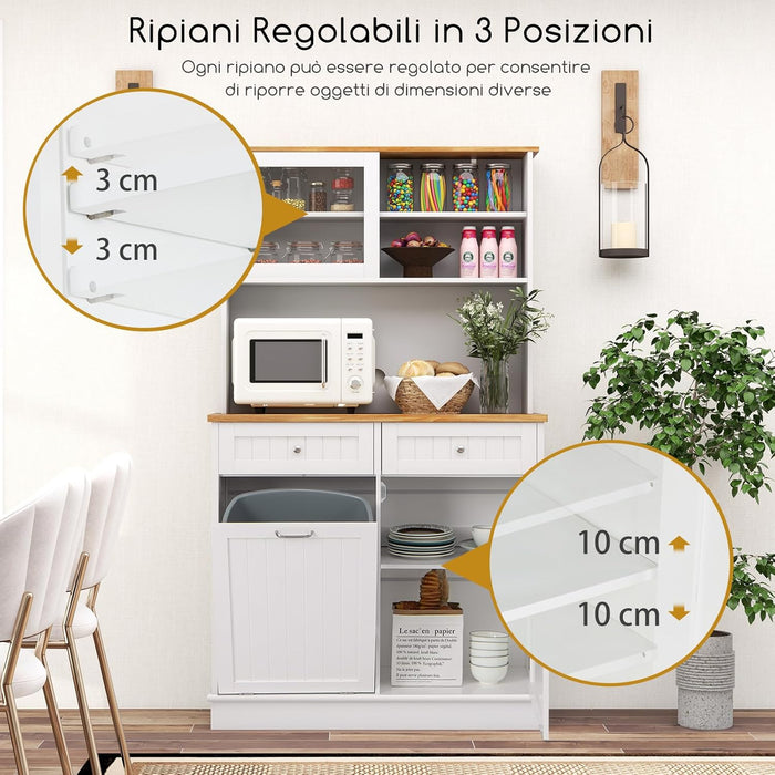 Credenza Alta per Cucina Porta Bidone della Spazzaturi, Mobile Cucina Dispensa con 2 Cassetti, Ante e 2 Ripiani Regolabili, Armadio Cucina in Legno di Gomma, 100 x 34 x 172 cm, Bianco