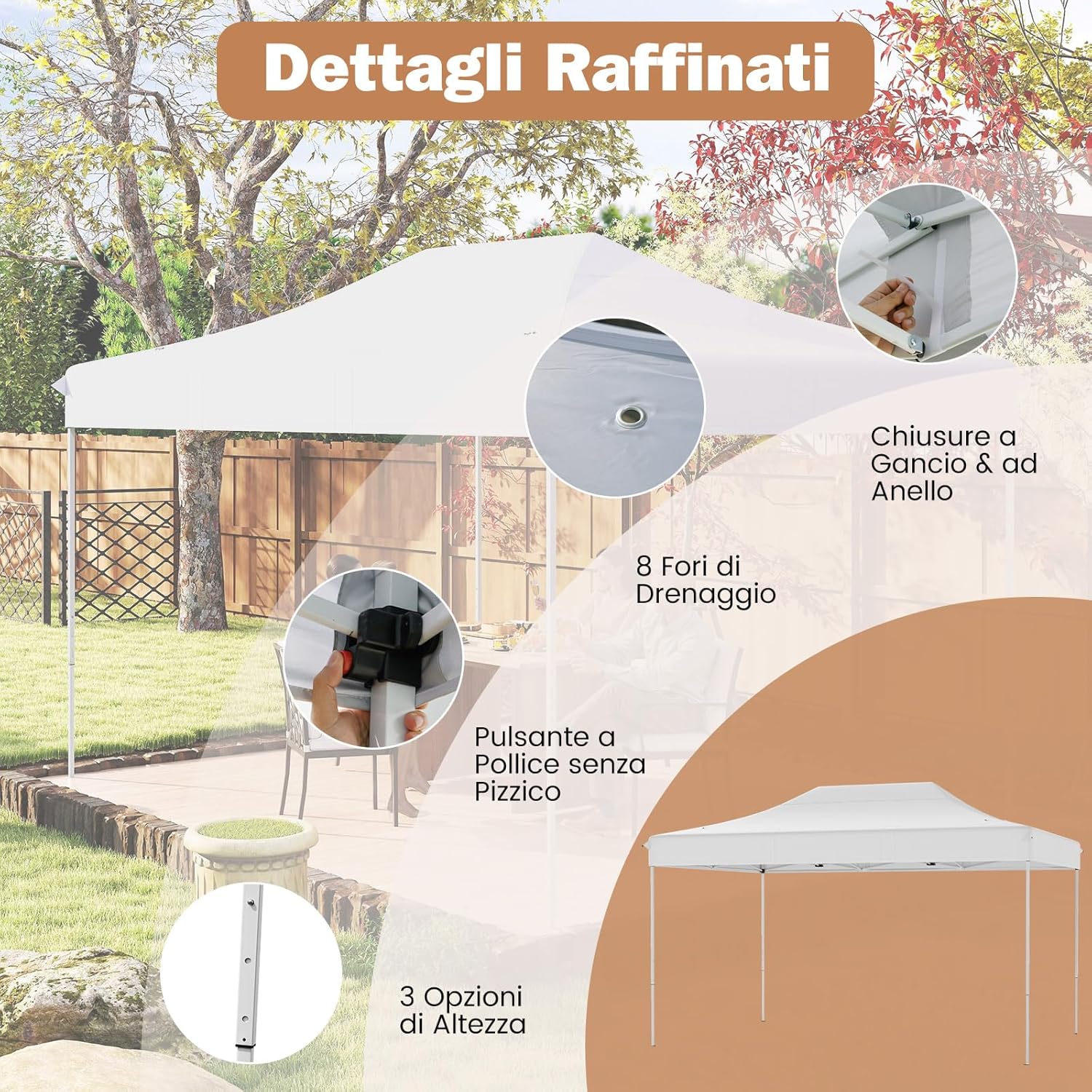 Gazebo Pop-up Pieghevole 3 x 4,5 m, Gazebo da Giardino Impermeabile Altezza Regolabile con Fori di Drenaggio, Tenda da Giardino Antivento con Borsa di Trasporto a Ruote (Bianco)